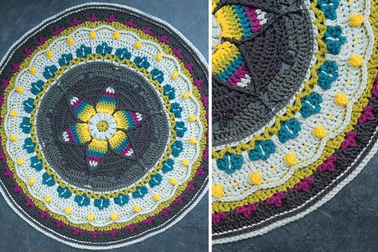 Two pictures of a crocheted mandala.