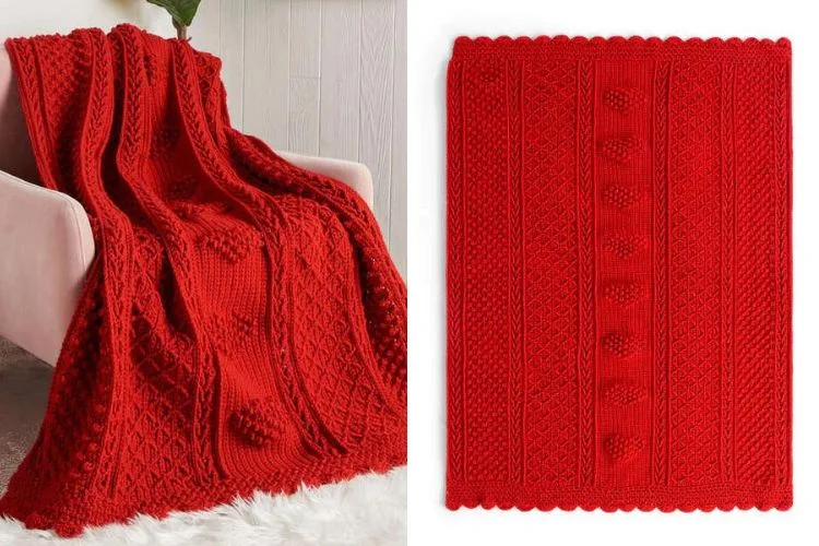 Two pictures of a red knitted blanket on a chair.