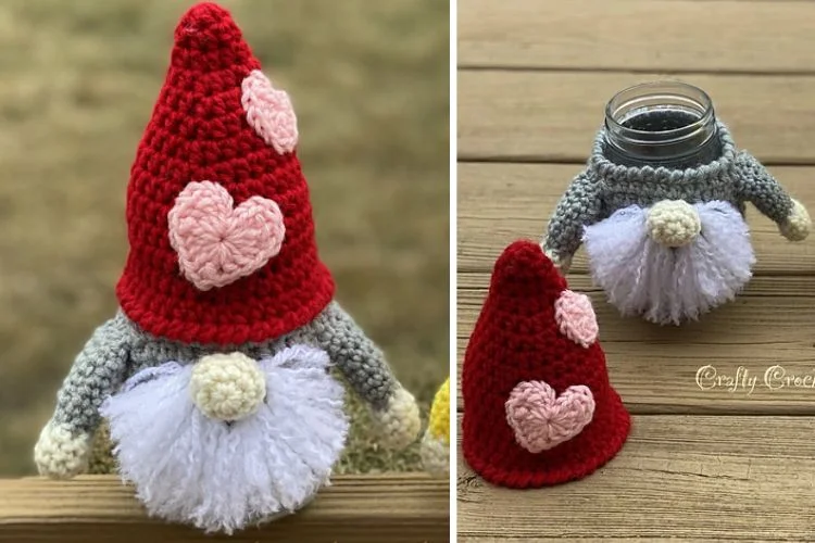 A crocheted gnome with a heart on his head.