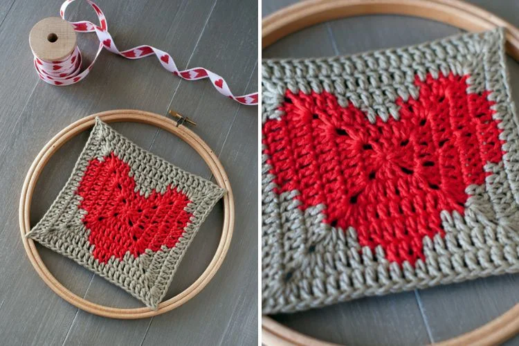 A crocheted heart in a hoop.