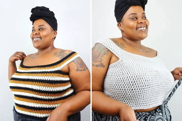 Two pictures of a woman wearing a crocheted top.