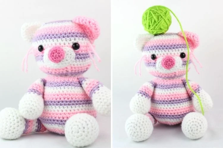 Two pictures of a crocheted teddy bear.