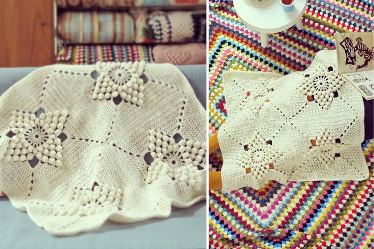 Two pictures of a crocheted afghan on a rug.