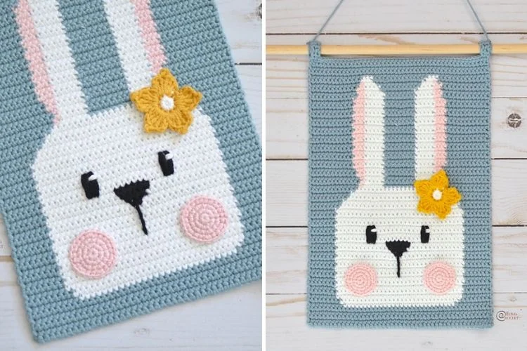 Crochet bunny wall hanging.