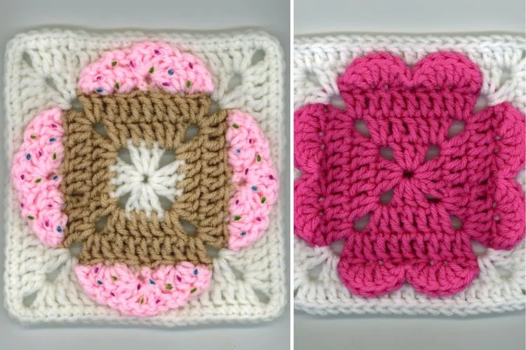 Two pictures of crocheted squares with pink and white flowers.