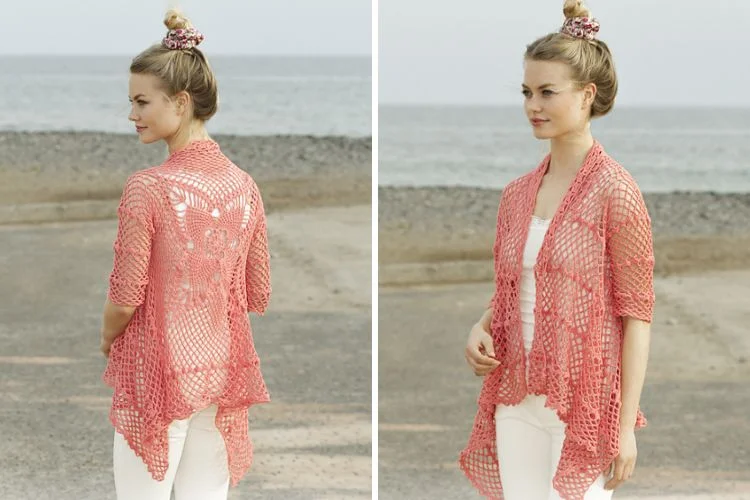 Two pictures of a woman wearing a crocheted cardigan.