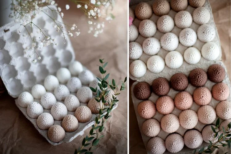 Two pictures of eggs in a box with flowers.