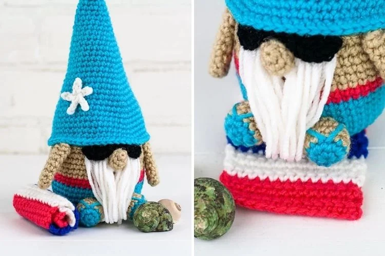 A crocheted gnome wearing a hat and sunglasses.