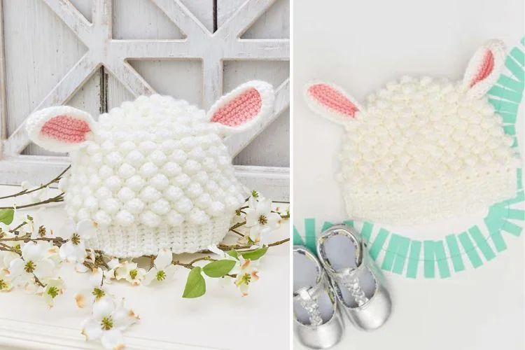 Two pictures of a crocheted lamb hat and a pair of shoes.