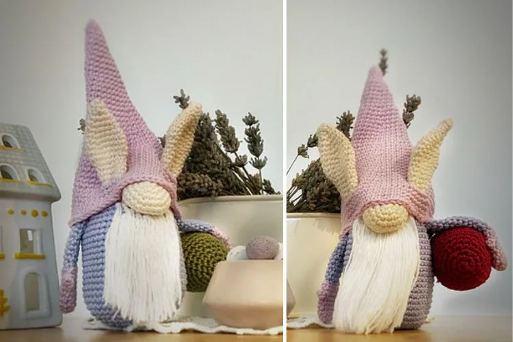 Two pictures of a knitted gnome.