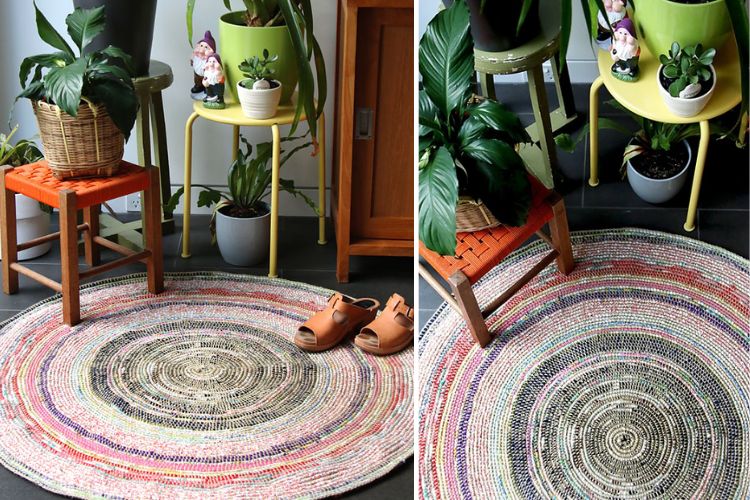 Two pictures of a circular rug with a potted plant on it.