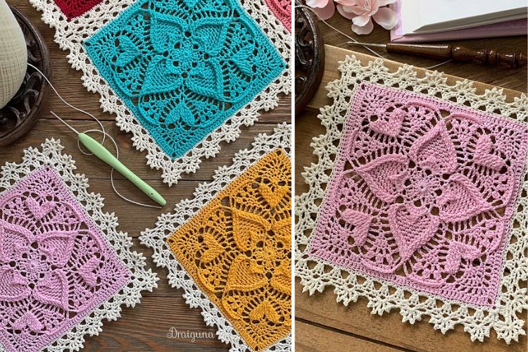 Crocheted lace doilies on a wooden table.