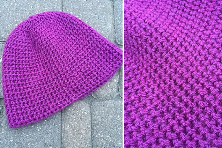 Two pictures of a purple crocheted beanie.