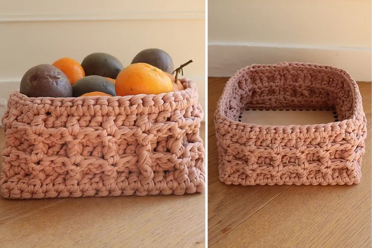 Two pictures of a crocheted basket with fruit inside.