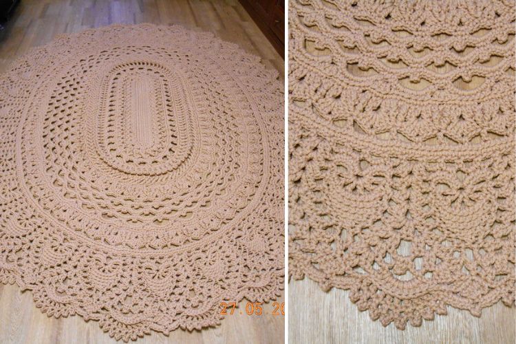 Two pictures of a crocheted rug on a wooden floor.