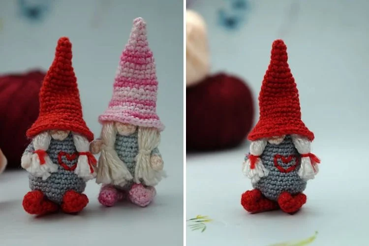 Two pictures of crocheted gnomes.