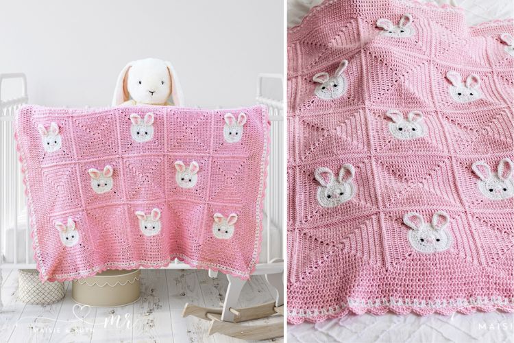 A pink blanket with bunnies on it.