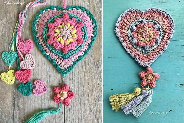 A crocheted heart with tassels and flowers.