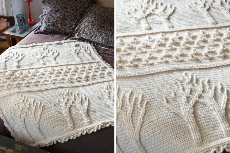 Two pictures of a knitted blanket with trees on it.