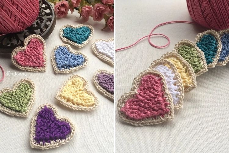 Crocheted hearts in different colors.