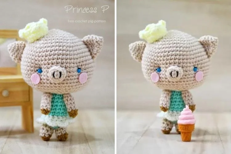 Two pictures of a crocheted pig with an ice cream cone.