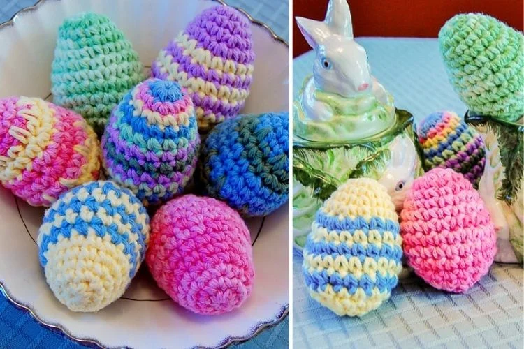 A group of knitted eggs.