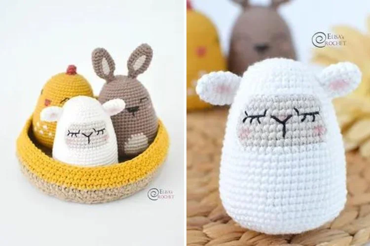 Crocheted lambs and chickens in a basket.