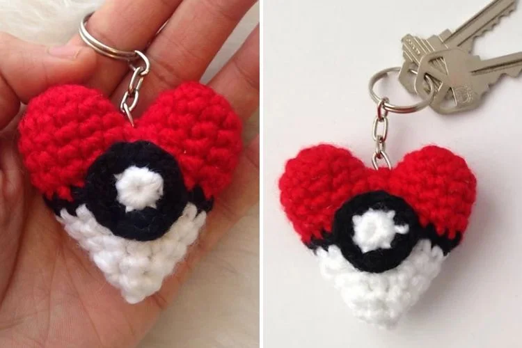 A heart shaped crocheted pokemon keychain.