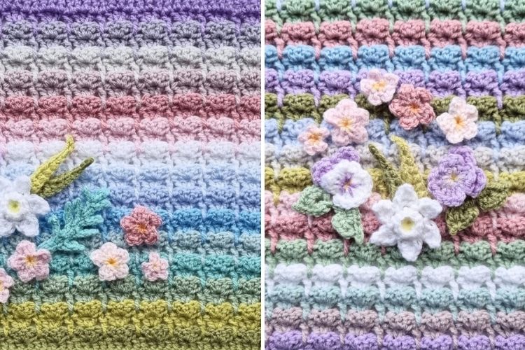 Two pictures of a crocheted blanket with flowers on it.