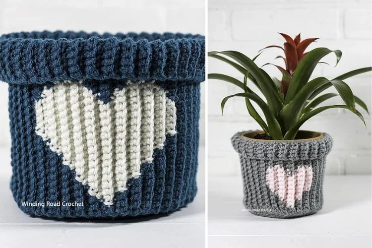 Two pictures of a knitted pot with a heart on it.