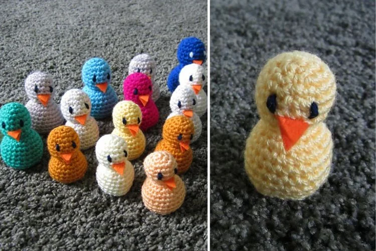 A group of crocheted chickens in different colors.