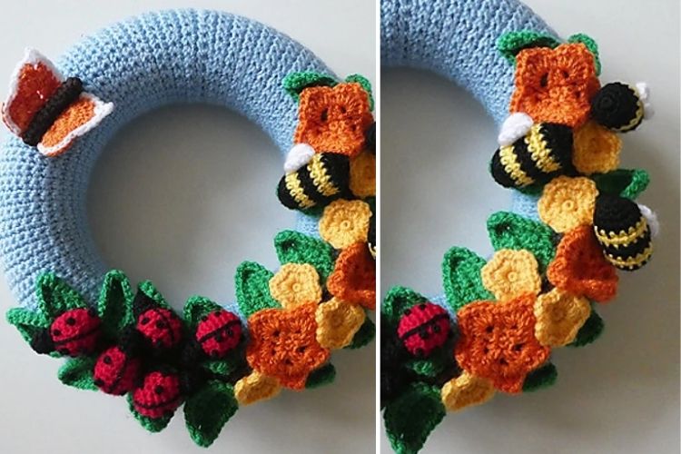 Two pictures of a crocheted wreath with flowers and bees.