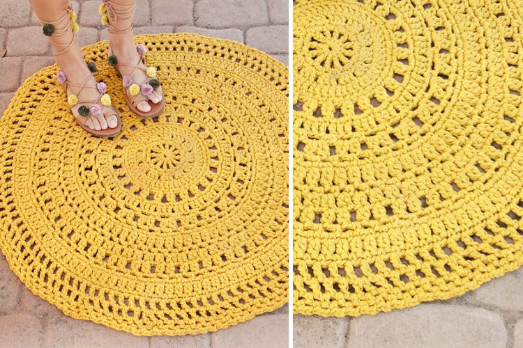 A woman wearing sandals and a yellow crocheted rug.