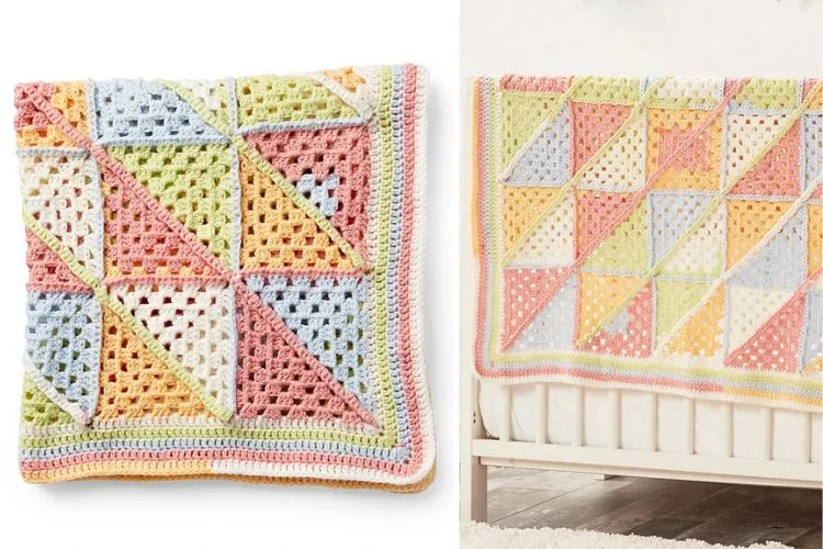 A crocheted afghan and a crocheted blanket on a crib.