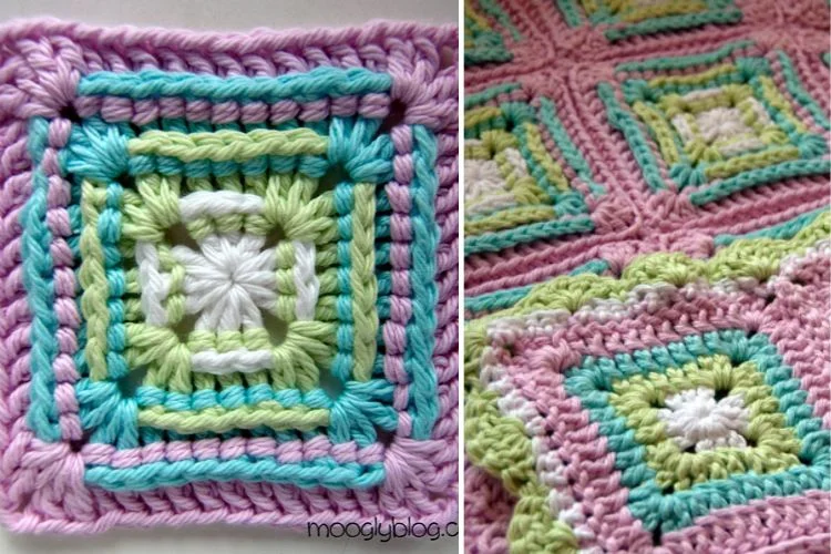 A crocheted afghan and a crocheted square.