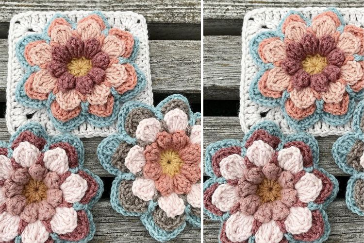 A group of crocheted flowers.