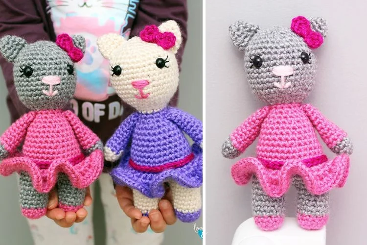 Two crocheted amigurumi dolls in pink and purple.