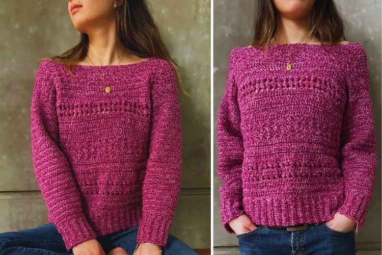 Two pictures of a woman wearing a pink sweater.