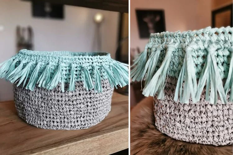 Two pictures of a basket with tassels on it.