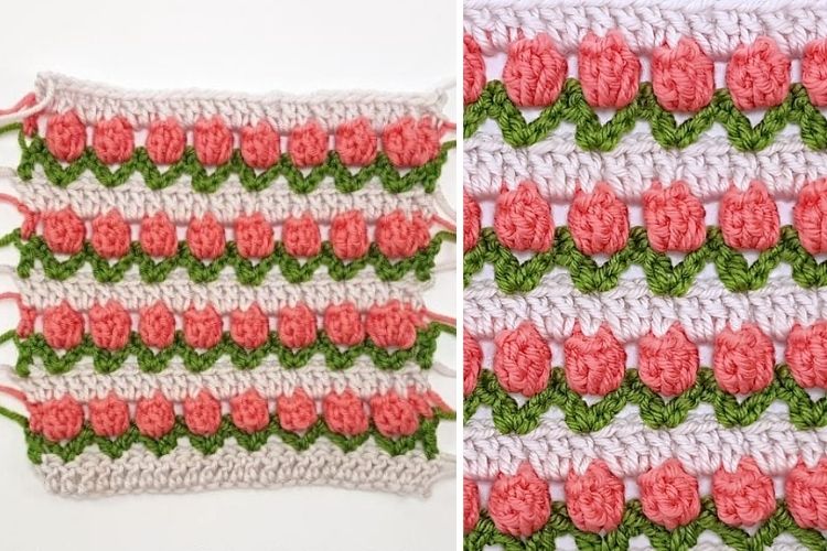 Two pictures of a crocheted tulip stitch.