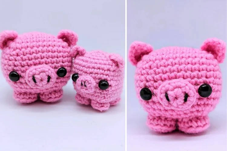 Two pictures of crocheted pink pigs.