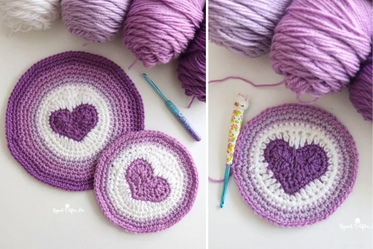 Crocheted heart coasters for valentine's day.