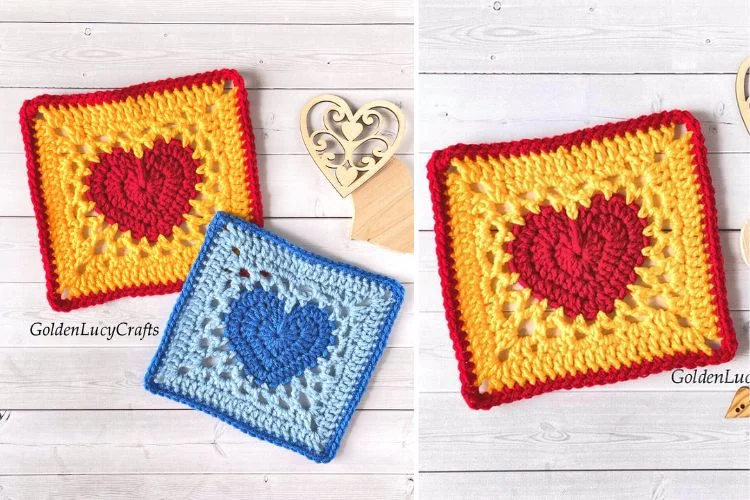 Two pictures of heart shaped crochet squares.