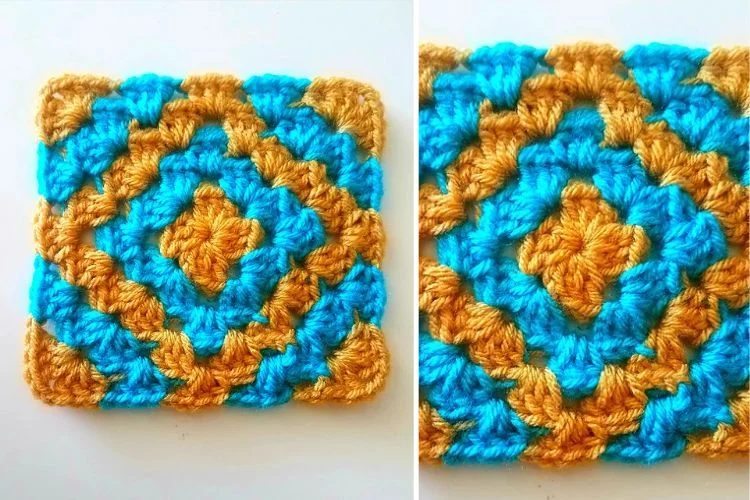 Two pictures of a crocheted square with a blue and yellow design.