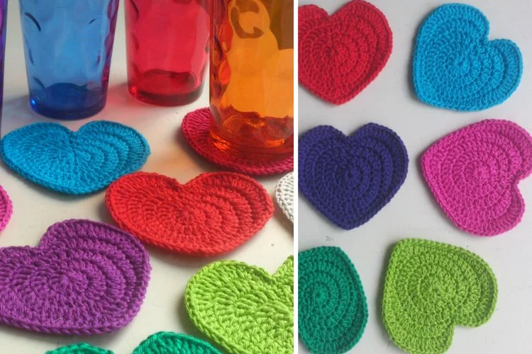 A collage of colorful crocheted hearts.