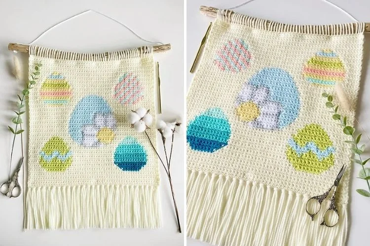 Two pictures of a crocheted easter egg wall hanging.