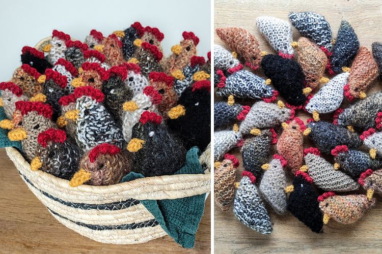 Crocheted chickens in a basket.