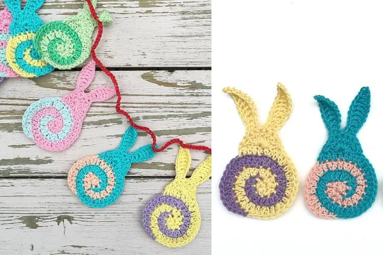 Crocheted bunny ornaments hanging on a string.