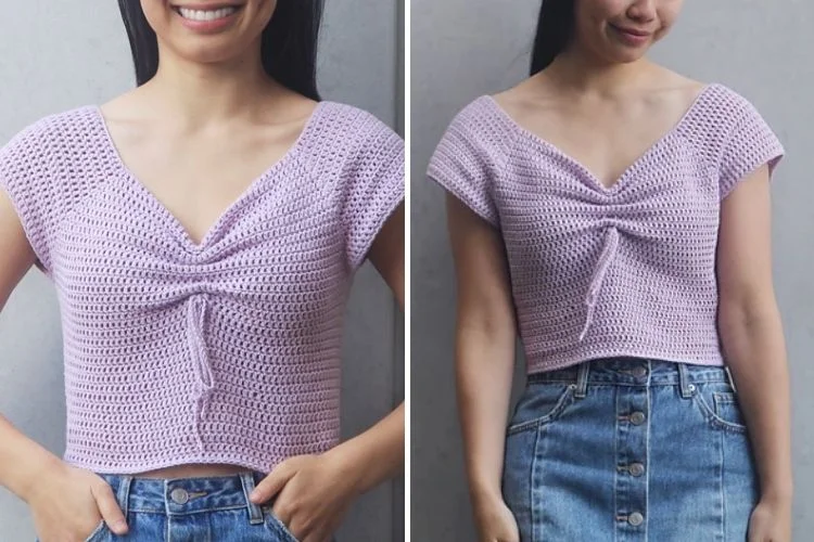 Two pictures of a woman wearing a purple crocheted top.