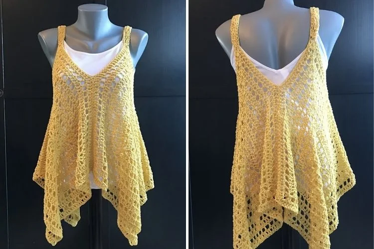 Two pictures of a yellow crocheted tank top.